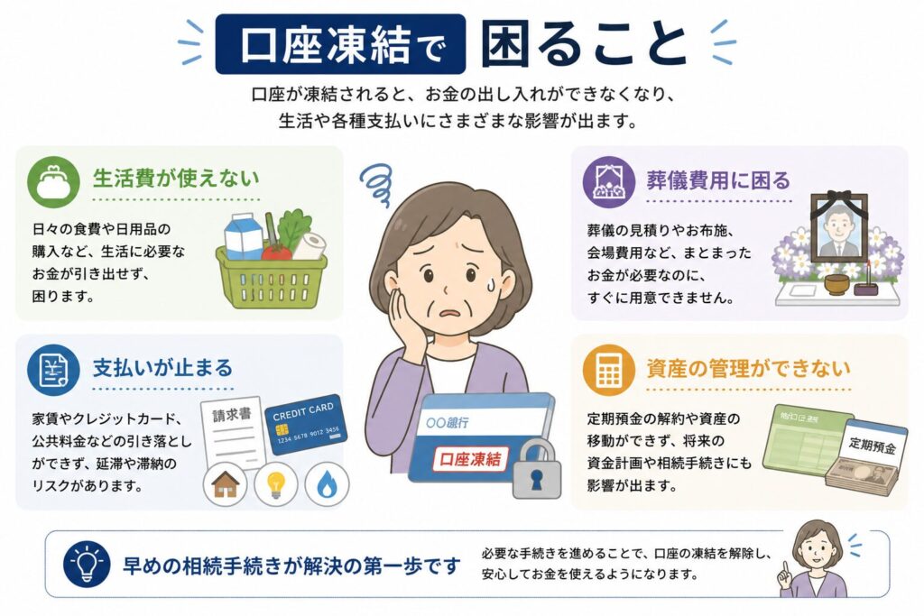 口座凍結によって困ることをまとめた図解。生活費が使えない、葬儀費用に困る、支払いが止まる、資産管理ができないなどの問題がアイコン付きで示されているインフォグラフィック。