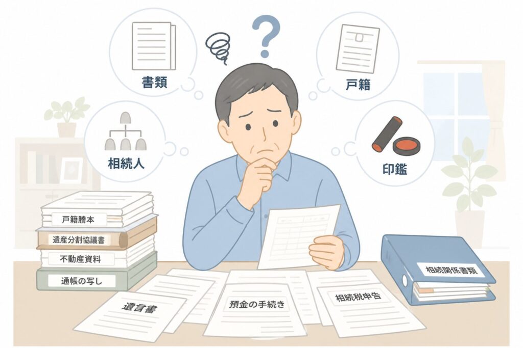 相続手続きで必要な書類に囲まれて悩んでいる日本人男性のイラスト。戸籍や印鑑などの準備に困っている様子を表現