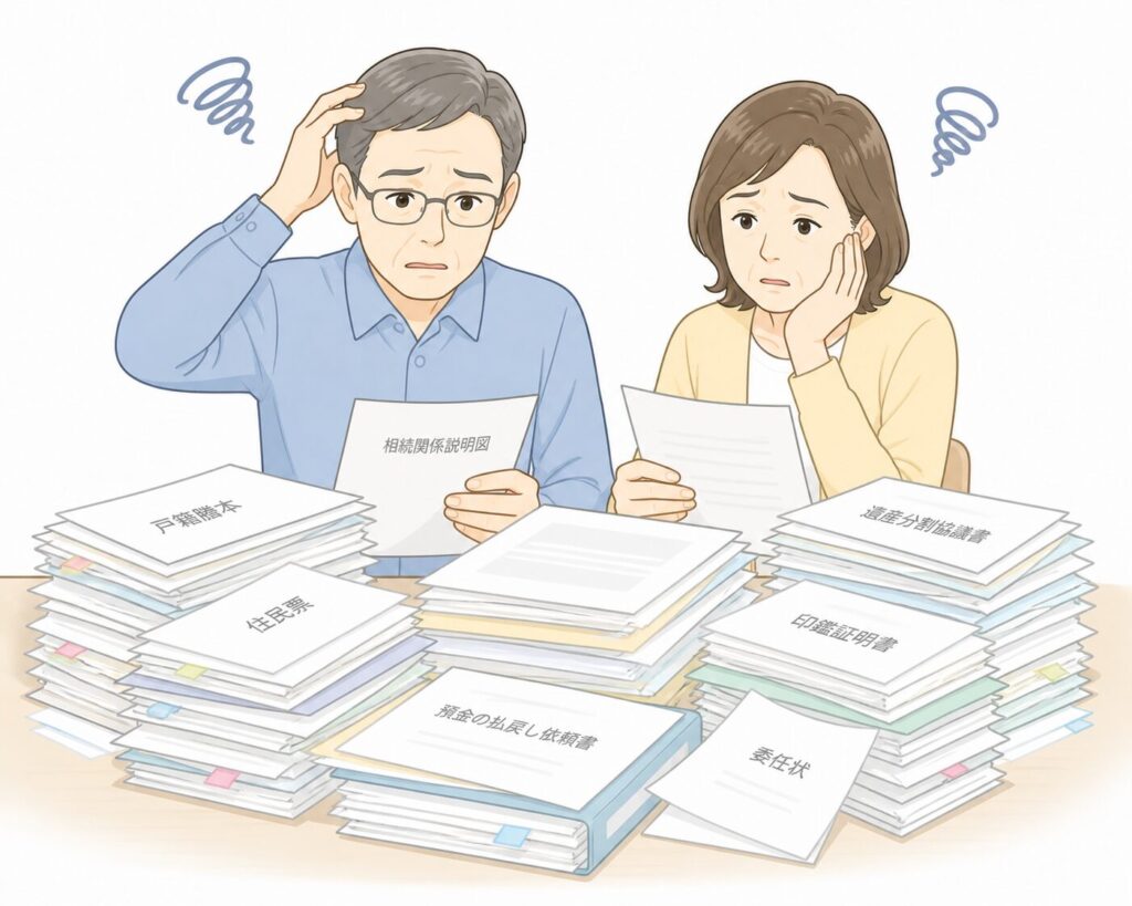 大量の書類に囲まれて相続手続きに困っている中高年の男女の様子