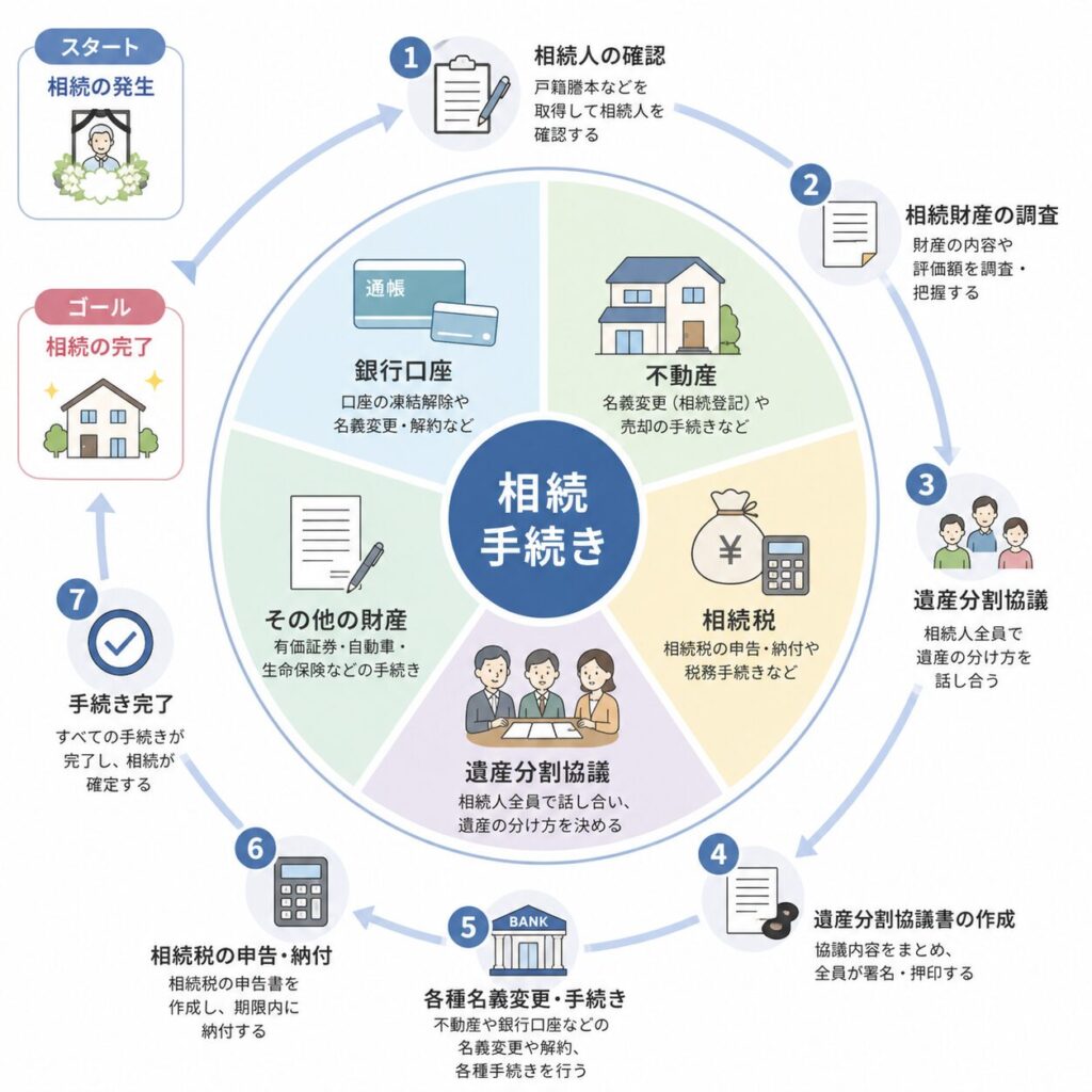 相続手続きの全体像を示す図。銀行口座、不動産、相続税、遺産分割協議などの要素で構成され、銀行手続きが一部であることを示している