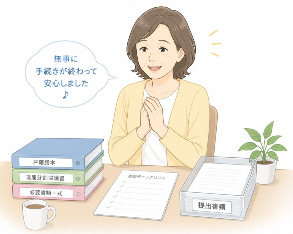 相続手続きが無事に終わり、書類が整理されて安心している中高年女性の様子