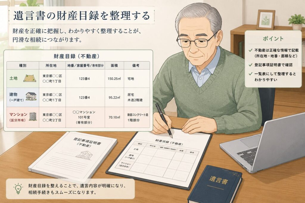 高齢の日本人男性が、遺言書用の財産目録を整理している様子。不動産一覧表や登記事項証明書、ノートパソコンを机に並べ、土地・建物・マンションの情報を確認しながら記入している。