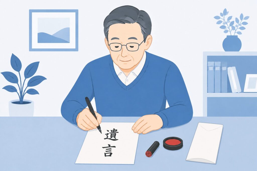 机に向かう50代〜60代の日本人男性が、手書きで「遺言」と書かれた用紙を作成している様子。横には印鑑と封筒が置かれ、相続・遺言準備をイメージした青系カラーのシンプルなイラスト。