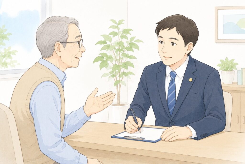 高齢男性が行政書士へ質問をしている相談風景のイラスト。行政書士が丁寧に話を聞いており、安心して相談できる雰囲気が描かれている。