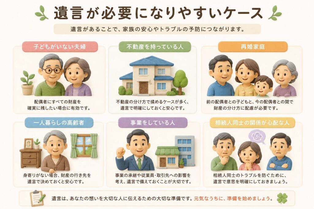遺言が必要になりやすいケースをまとめた3Dクレイ風の図解イラスト。子どもがいない夫婦、不動産所有者、再婚家庭、一人暮らしの高齢者、事業経営者、相続人同士の関係に不安がある家族などを、やさしい色合いのアイコン風で整理している。