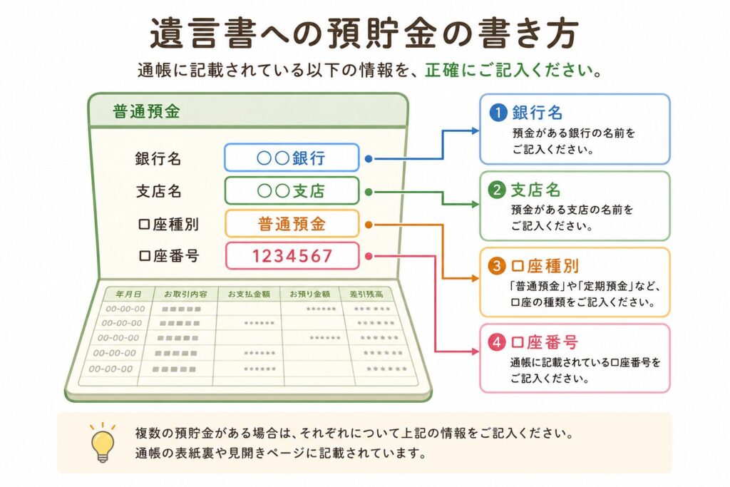 遺言書に預貯金を記載する際の書き方を説明する図解。銀行通帳を開き、「銀行名」「支店名」「口座種別」「口座番号」の位置を矢印で示している日本向けインフォグラフィック。