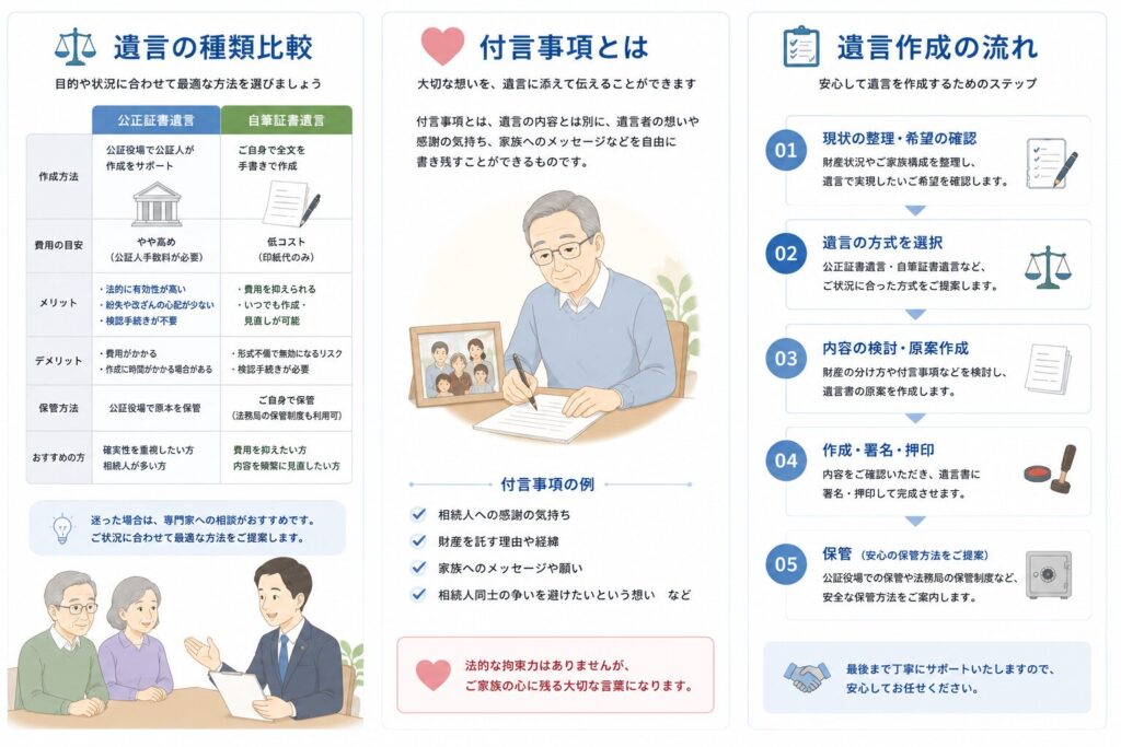 日本の行政書士事務所で、高齢夫婦が相続や遺言について相談しているイラスト。行政書士が書類を見せながら穏やかに説明しており、夫婦が安心した表情で話を聞いている。白背景と落ち着いた色合いで、信頼感と清潔感を重視した法律事務所サイト向けデザイン。
