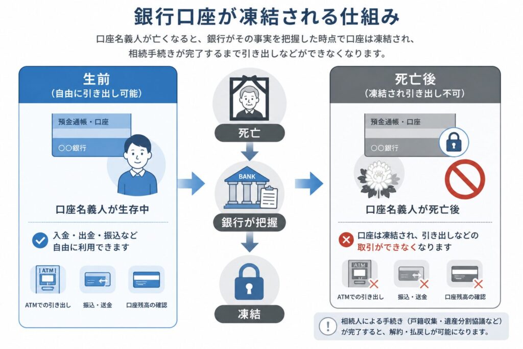 銀行口座が凍結される仕組みを示した図。生前は自由に引き出し可能だが、死亡後は銀行が把握すると口座が凍結され、引き出しなどができなくなる流れを対比で示している