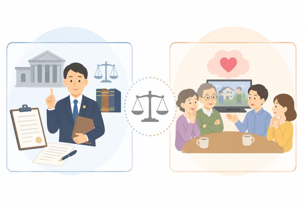 「遺言」の読み方の違いを表現した図解イラスト。左側は法律や裁判所、行政書士、法律書類などを背景にした法的なイメージ、右側は家族団らんや日常会話の温かいイメージで、「いごん」と「ゆいごん」の使われ方の違いを表現している。