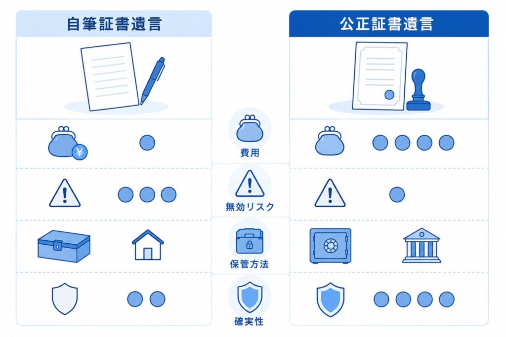 自筆証書遺言と公正証書遺言を比較したインフォグラフィック風イラスト。左側には自筆証書遺言、右側には公正証書遺言が配置され、費用・無効リスク・保管方法・確実性の違いがアイコンと評価マークで表現されている。
