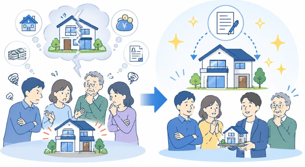 相続した不動産の共有トラブルを比較した図解イラスト。左側では複数の相続人が一軒家を前に困惑しながら話し合っており、右側では一人の相続人へ不動産が整理され、円満に承継されている様子が描かれている。
