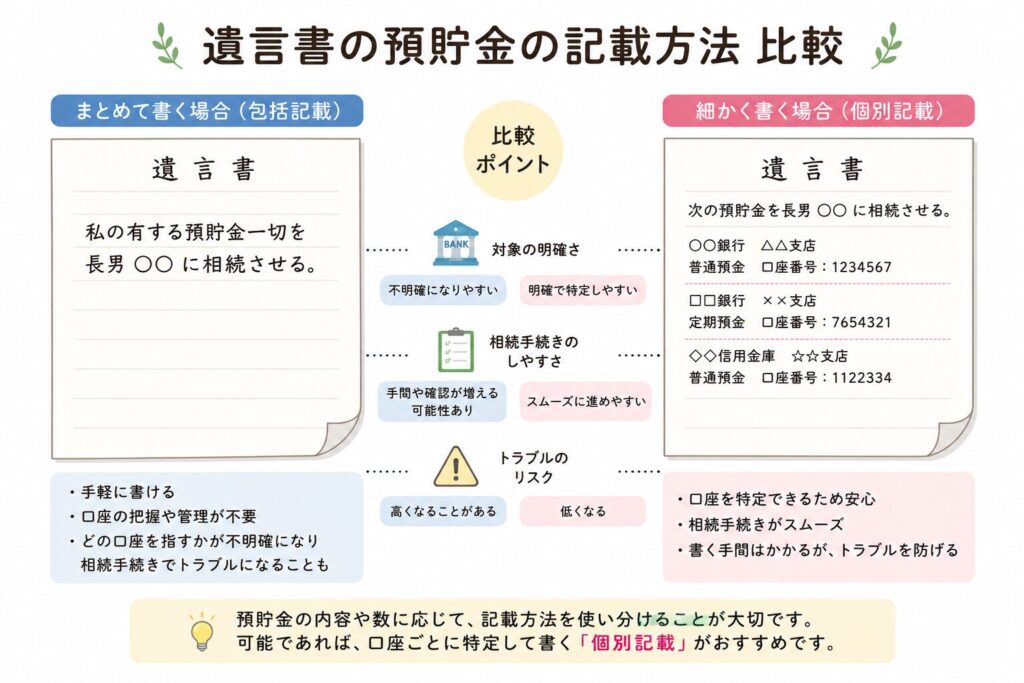 遺言書における預貯金の記載方法を比較した図解。左側は「預貯金一切」とまとめて書かれた包括記載の遺言書、右側は銀行名・支店名・口座番号まで詳細に記載された個別記載の遺言書を示している。