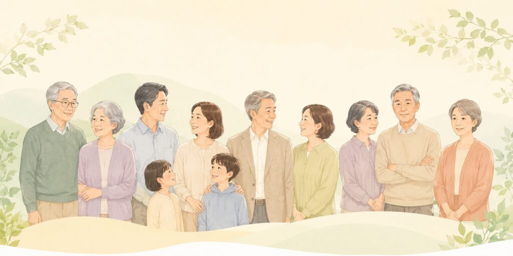 高齢夫婦、再婚家庭、子どもがいない夫婦、独身高齢者など、さまざまな家族構成の人物が笑顔で並んでいるイラスト。相続や遺言は特別な人だけのものではなく、誰にとっても身近なものだという温かく包み込むような雰囲気。