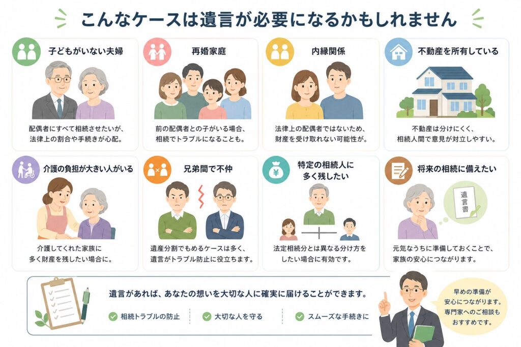 子どもがいない夫婦、再婚家庭、内縁関係、不動産所有、介護負担、兄弟間不仲など、遺言が必要になりやすいケースをアイコン風に整理したインフォグラフィック。相続トラブル予防や想いを残す重要性を、親しみやすいイラストで分かりやすく表現している。