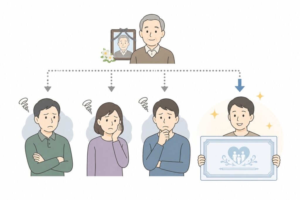 生命保険金を1人だけが受け取り、他の相続人が不公平さに困惑している様子を示した相続トラブルの図解