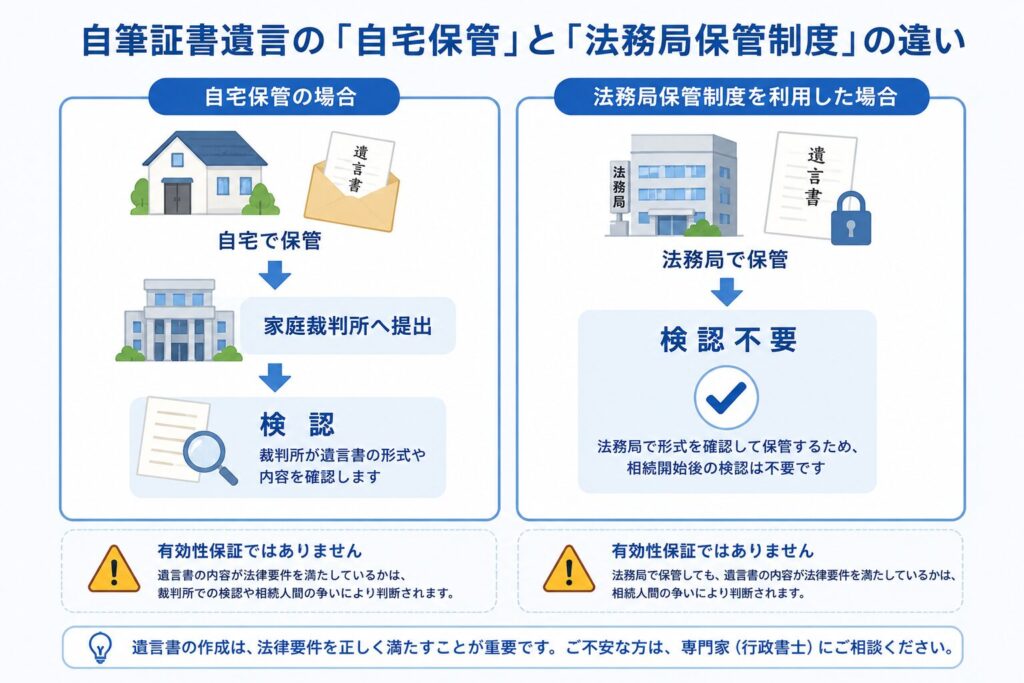 自筆証書遺言の「自宅保管」と「法務局保管制度」の違いを比較した日本向けインフォグラフィック。左側は自宅保管後に家庭裁判所で検認が必要な流れ、右側は法務局保管により検認不要となる流れを図解し、両方に「有効性保証ではない」という注意アイコンが表示されている。