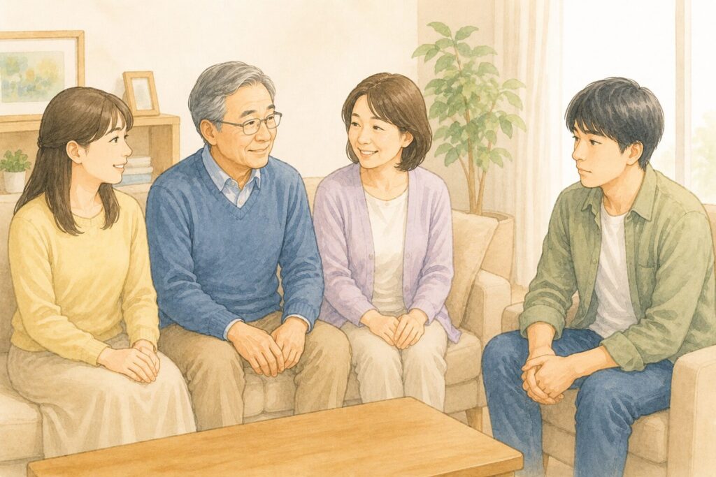 再婚家庭をイメージした日本人家族のイラスト。父親と現在の妻、娘が近くに座る一方で、前婚の子をイメージした成人男性が少し距離を置いて座っており、複雑な家族関係をやわらかく表現している。