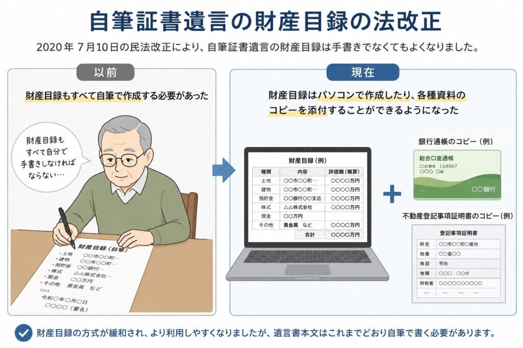 自筆証書遺言の財産目録に関する法改正を説明する比較図。左側では高齢男性が手書きで財産目録を作成しており、右側ではパソコン作成の財産目録や銀行通帳コピー、不動産登記事項証明書を利用できる現在の制度が示されている。