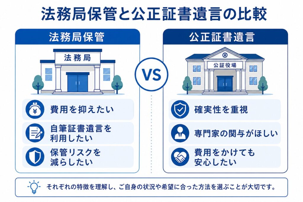 法務局保管と公正証書遺言の特徴を比較したインフォグラフィック。費用や安全性、専門家の関与などの観点から、それぞれに向いている人の特徴を整理している。