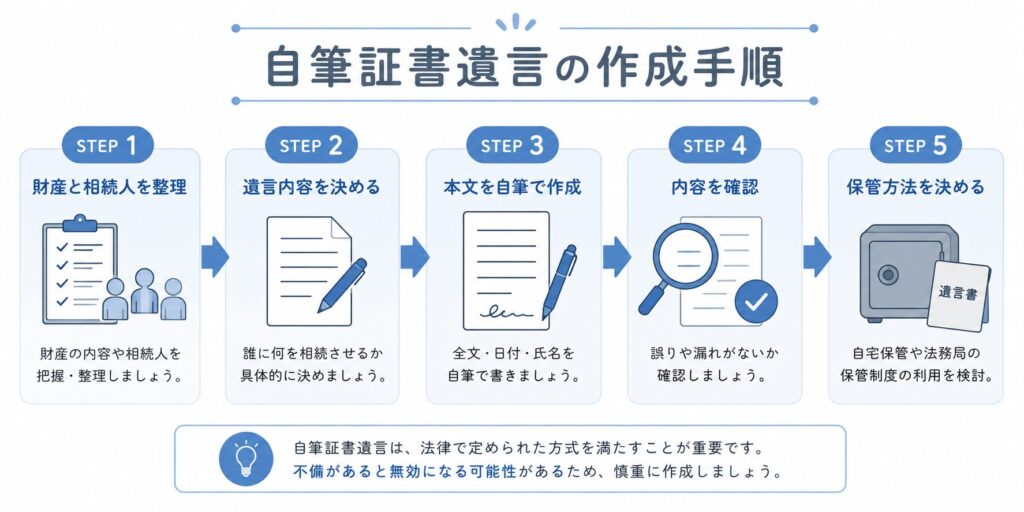 自筆証書遺言の作成手順を5STEPで説明した日本向けフローチャート図解。財産と相続人の整理から、遺言内容の決定、自筆作成、内容確認、保管方法の検討までを矢印で順番に示している。