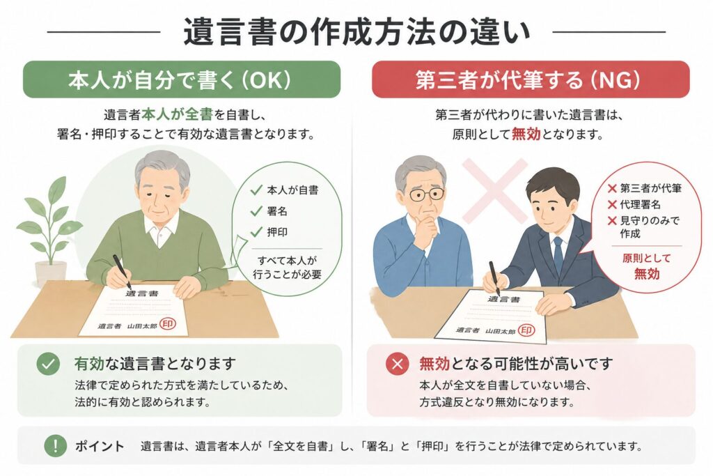 遺言書の作成方法の違いを示す図解。本人が自筆する場合は有効、第三者が代筆する場合は無効となるケースを比較したインフォグラフィック