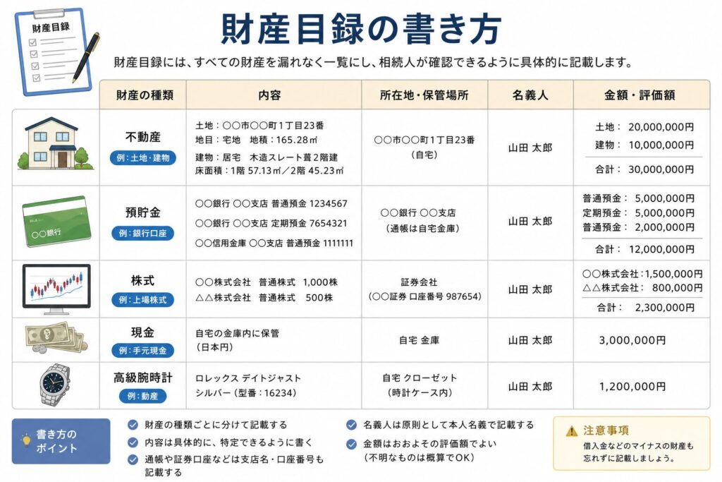 財産目録の書き方を説明する表形式の図解イラスト。不動産、預貯金、株式、現金、高級腕時計などを例に、「財産の種類」「内容」「所在地・保管場所」「名義人」「金額・評価額」を整理して記載する方法を示している。