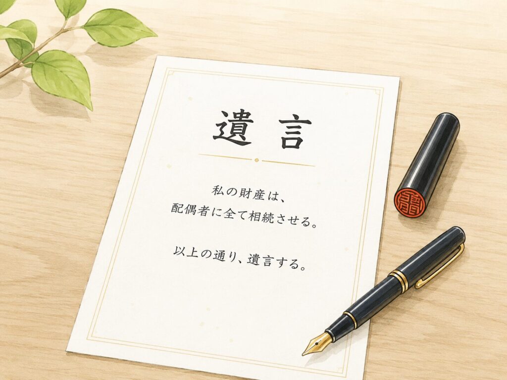白い紙に「遺言」と書かれたシンプルな遺言書の見本イラスト。俯瞰視点で、横に万年筆と印鑑が置かれた、日本らしい落ち着いたデザイン。