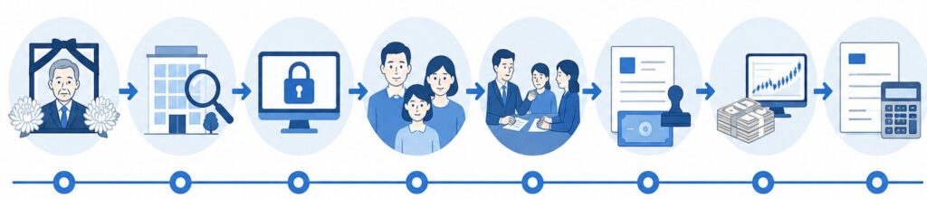 株式相続の手続きを時系列で示した図で、死亡後の証券会社確認から口座凍結、相続人確定、遺産分割協議、名義変更または売却、相続税申告までの流れを整理している