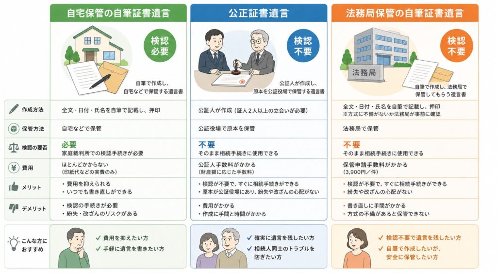 自宅保管の自筆証書遺言、公正証書遺言、法務局保管の自筆証書遺言の違いを比較したインフォグラフィック。