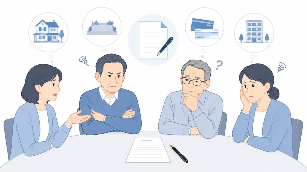 遺言書を前に、日本人の兄弟姉妹が困惑した表情で話し合っている相続トラブルのイラスト。背景には家、不動産、預金通帳のアイコンが配置されている。