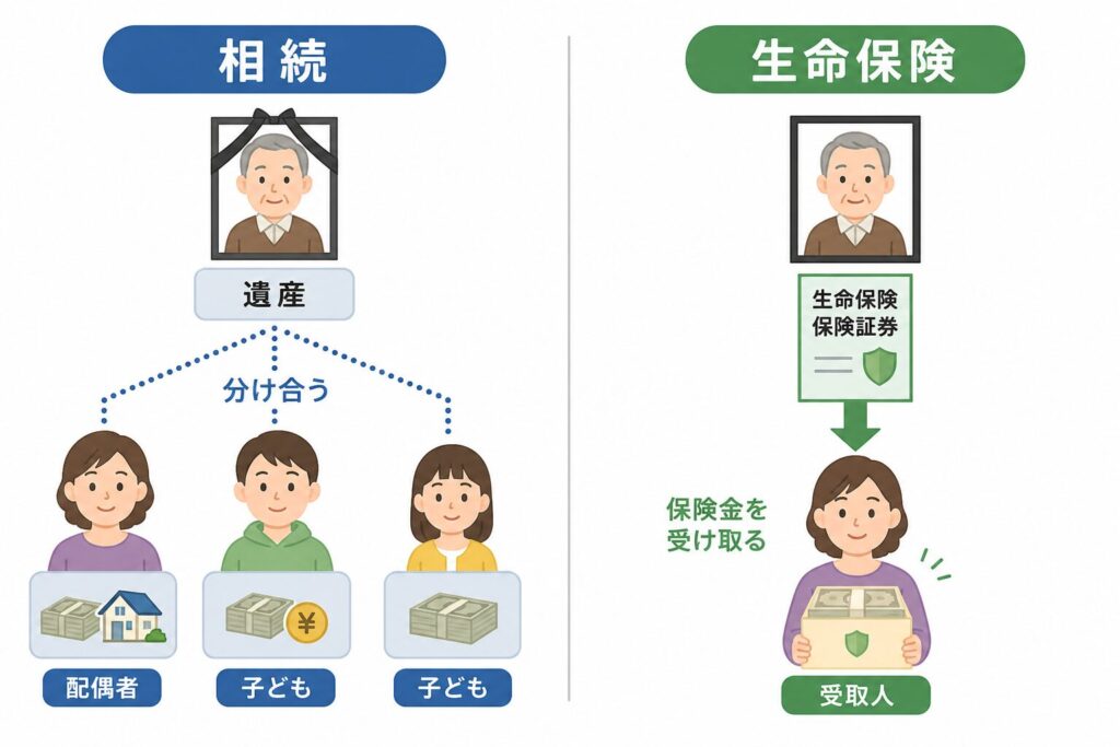 相続と生命保険の違いを示した図解。相続は配偶者と子どもで遺産を分けるのに対し、生命保険は受取人1人が保険金を受け取る仕組みを表している