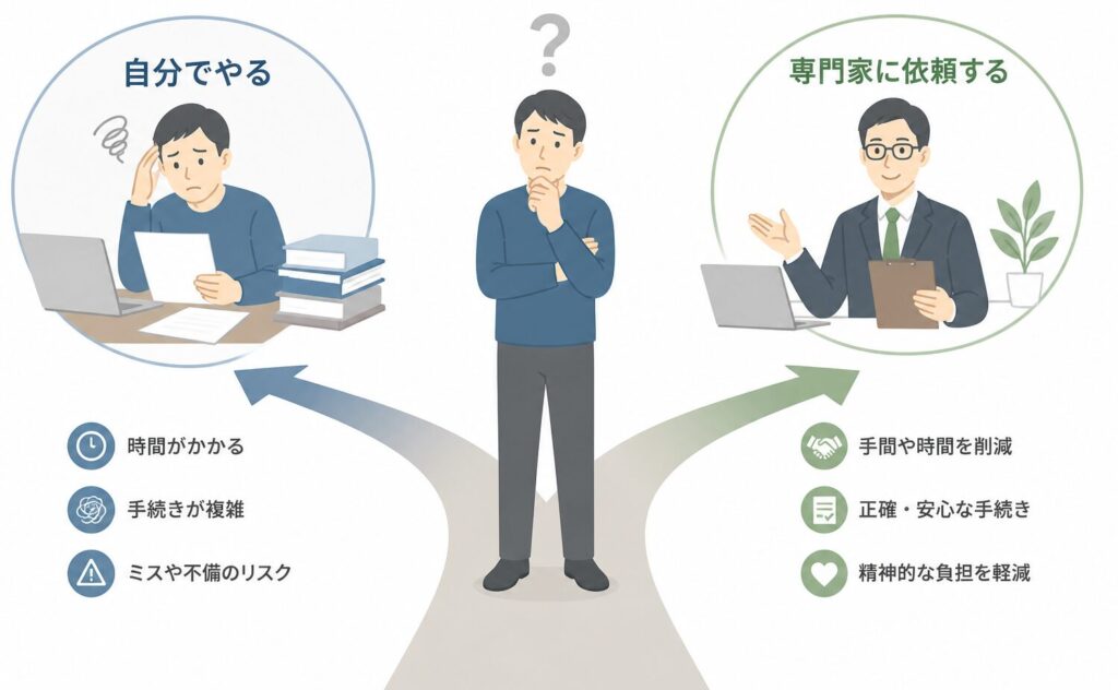 相続手続きを自分で行うか専門家に依頼するかで悩む人物と分岐図のイラスト