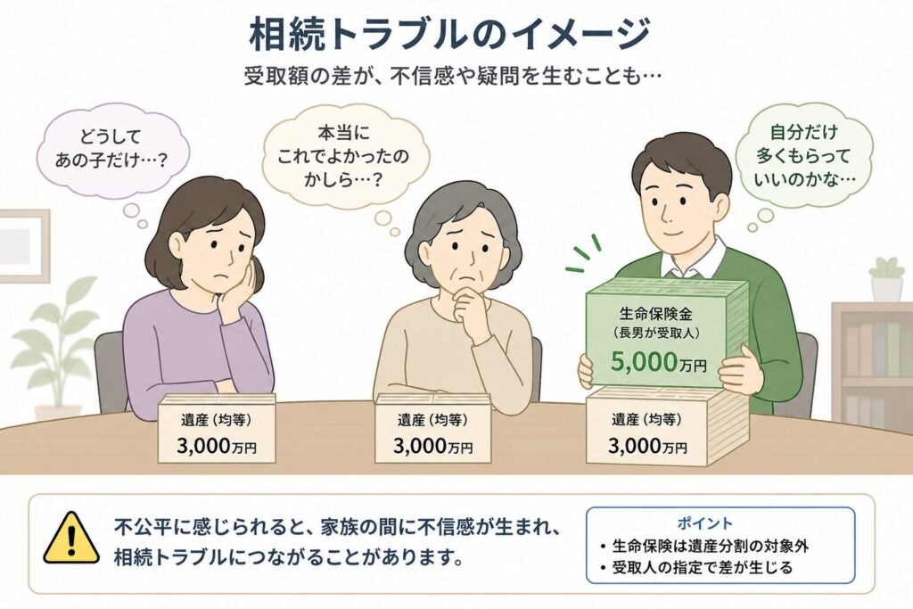 相続における受取額の違いにより家族が不信感や疑問を抱いている様子のイラスト。長男のみ生命保険金を多く受け取っており、他の家族が納得していない状況を表現している
