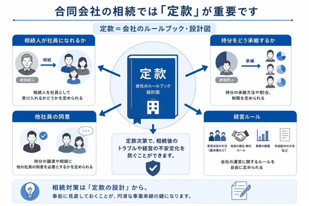合同会社の相続における定款の役割を示した図。定款を中心に、相続人が社員になれるか、持分の承継方法、他社員の同意、経営ルールなどが定められることを示し、定款が相続後の会社運営に大きく影響することを表現している。