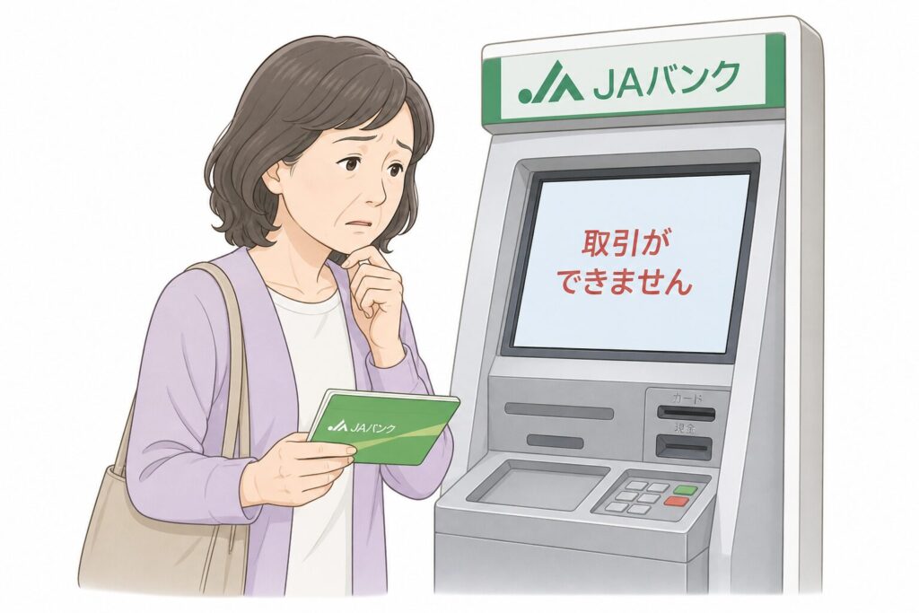 夫を亡くした中高年女性がJAバンクのATMの前で戸惑い、「取引ができません」と表示された画面を見て不安そうにしている様子