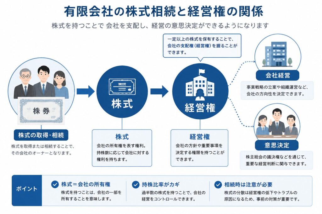 有限会社の株式を相続することで経営権が移り、会社経営や意思決定につながる関係を示した図解