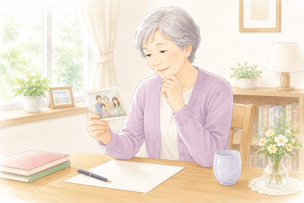 高齢女性が家族写真を見つめながら、遺言内容について静かに考えているイラスト。温かみのある室内で、穏やかな表情が印象的な相続・終活イメージ。