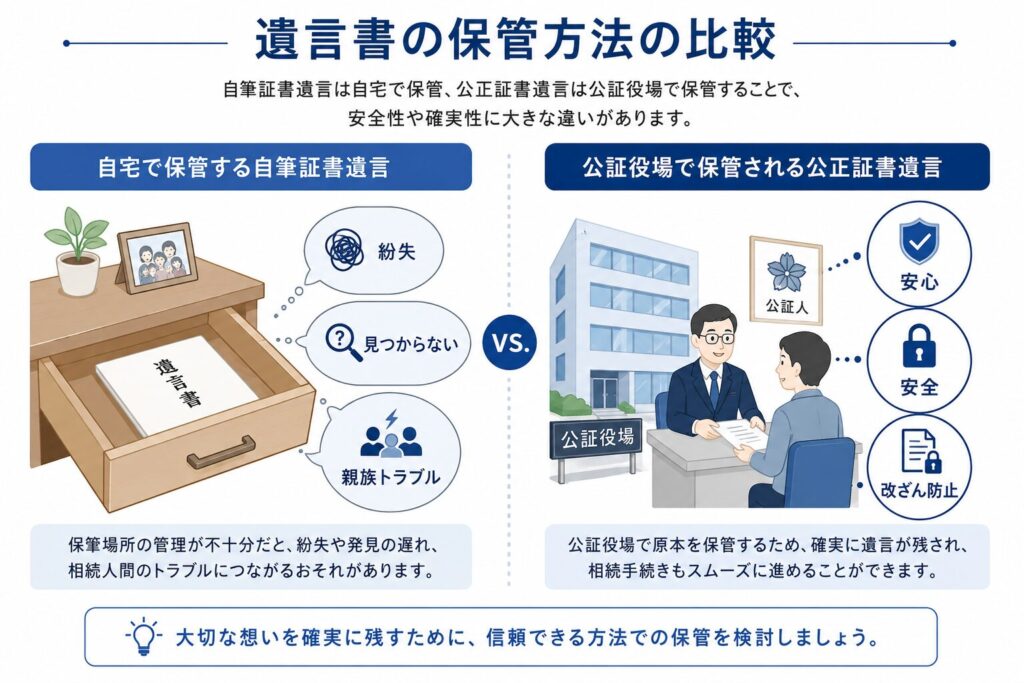 遺言書の保管方法を比較した日本向けインフォグラフィック。左側は自宅の引き出しに保管された自筆証書遺言で、「紛失」「見つからない」「親族トラブル」のリスクを吹き出しで表示。右側は公証役場で公正証書遺言を保管している場面で、「安心」「安全」「改ざん防止」のアイコンを配置し、安全性の高さを表現している。
