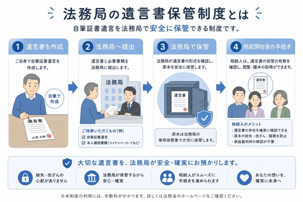 法務局の遺言書保管制度の流れを説明した日本向け図解。本人が自筆証書遺言を作成し、法務局へ提出して安全に保管され、相続開始後に相続人が確認・利用できる流れを、法務局の建物や保管ボックス、相続人のイラスト付きでわかりやすく示している。
