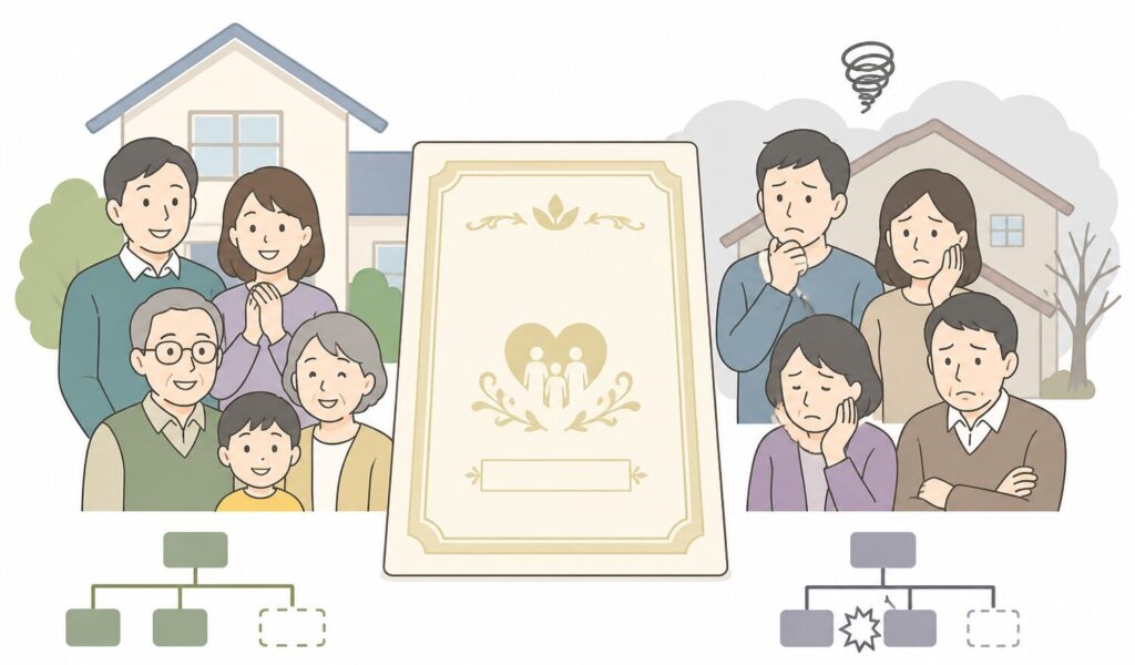 生命保険の有無や設計によって、相続で安心する家族と複雑な感情を抱える家族の違いを示したイラスト