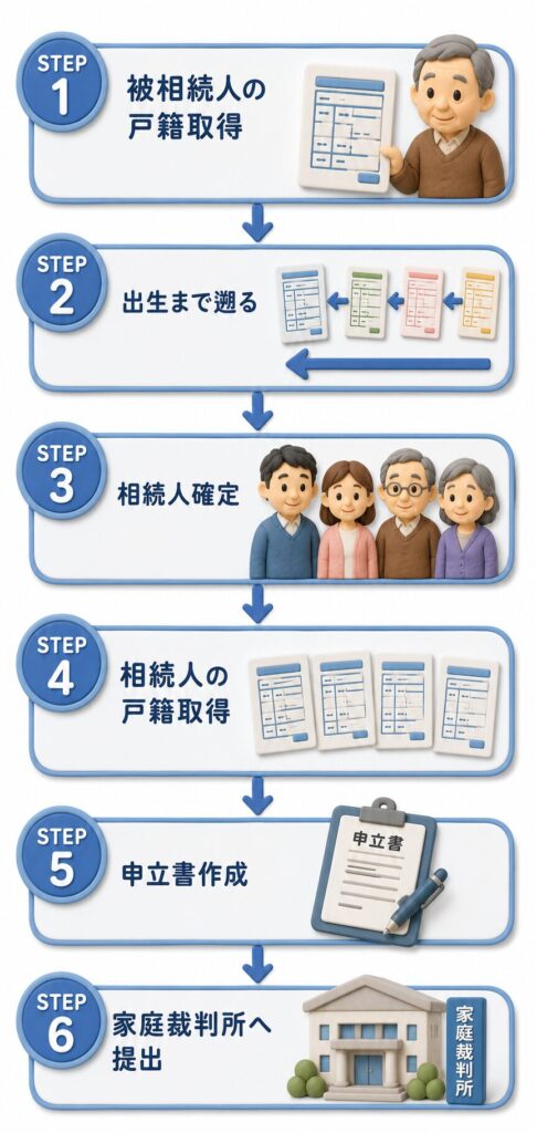 遺言書の検認申立てに必要な書類収集の流れを、戸籍取得から家庭裁判所への提出まで6つのステップで解説した3Dクレイアート風フローチャート。
