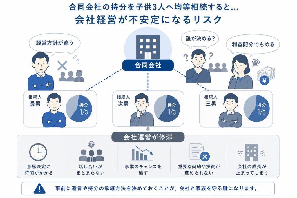合同会社の持分を子供3人に均等相続した結果、経営方針の対立や意思決定の遅れが生じ、会社運営が停滞するリスクを示した図。持分が分散すると経営にも影響が出ることを表現している。