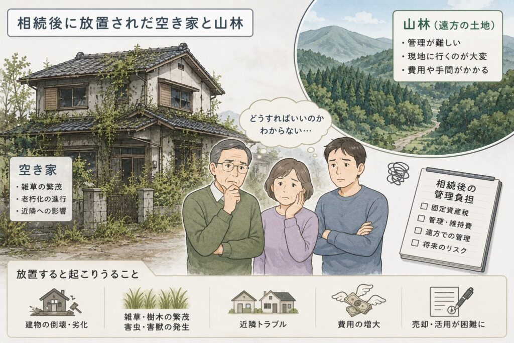 相続後に放置された空き家と遠方の山林を前に、管理負担に悩む家族を描いたイラスト。雑草が伸びた古い住宅や山林の風景から、相続不動産の維持管理の難しさを表現している。