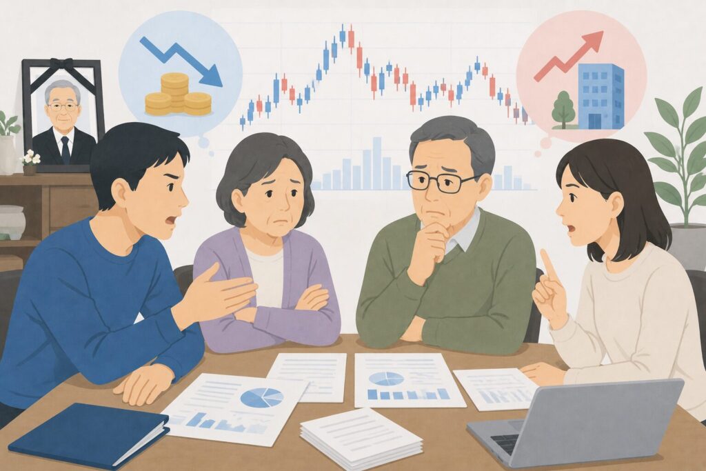 株式相続で売却か保有かをめぐり、家族が意見対立して話し合っている様子のイラスト
