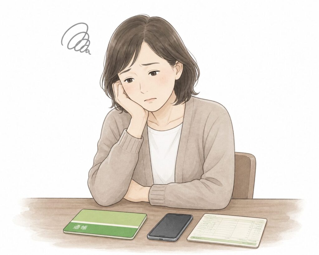 通帳とスマートフォンを前に、相続手続きに悩む30代〜50代の女性のイラスト