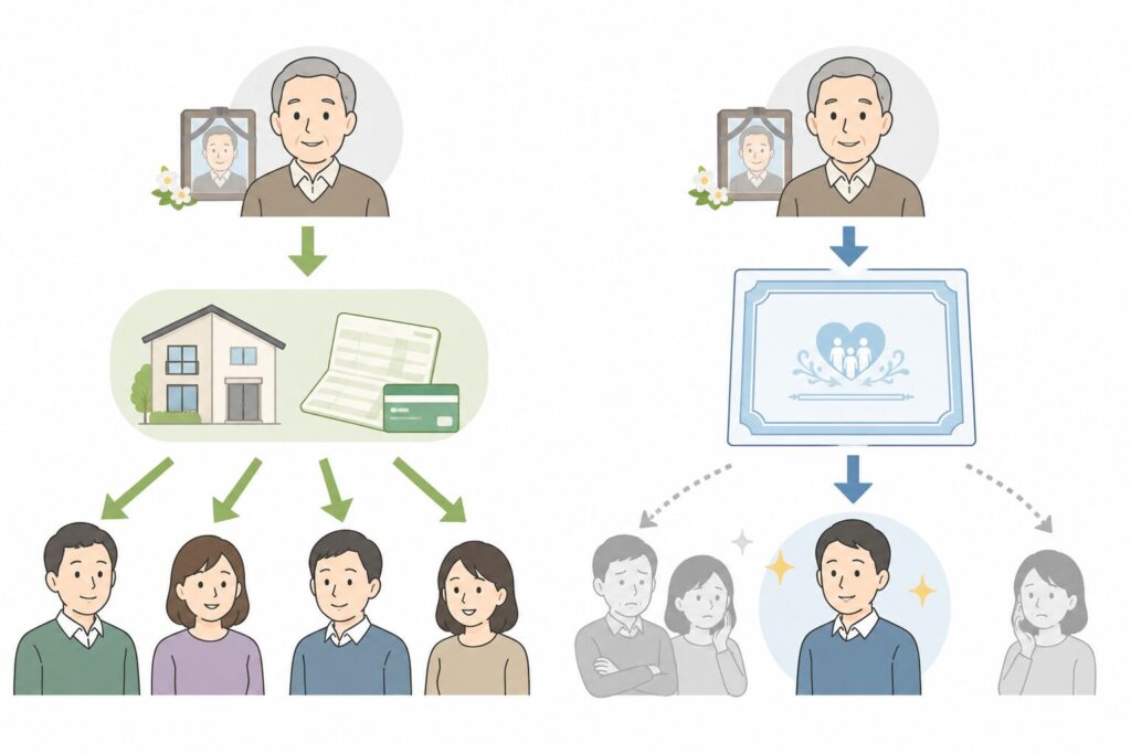 相続財産は家族で分割される一方、生命保険は特定の受取人に直接支払われる仕組みを示した図解