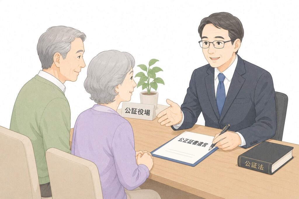 日本の公証役場で、公正証書遺言について相談している高齢夫婦と公証人のイラスト。テーブルを挟んで、公証人が遺言書の説明をしており、夫婦が安心した表情で話を聞いている。白背景と落ち着いた色合いで、信頼感のある雰囲気を表現している。