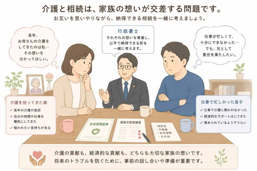 長年介護してきた娘と仕事で忙しかった兄が相続について話し合う様子と行政書士の説明イメージ