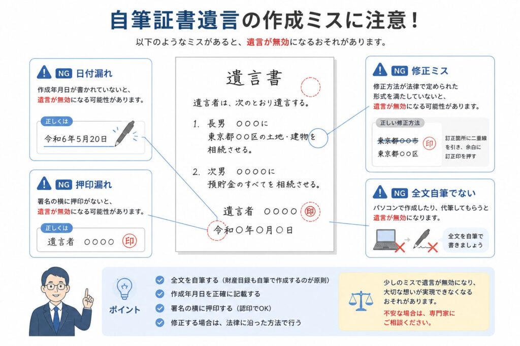 自筆証書遺言で起こりやすい作成ミスを解説した日本向けインフォグラフィック。手書きの遺言書を中心に、「日付漏れ」「押印漏れ」「修正ミス」「全文自筆でない」などの注意点を、アイコンと吹き出しで分かりやすく整理している。法律記事向けの清潔感あるデザイン。