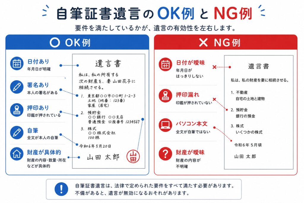 自筆証書遺言のOK例とNG例を左右比較した日本向け図解。左側では「日付あり」「署名あり」「押印あり」「自筆」「財産が具体的」など有効な要件を青色で表示し、右側では「日付が曖昧」「押印漏れ」「パソコン本文」「財産が曖昧」など無効リスクのある例を赤色で示している。